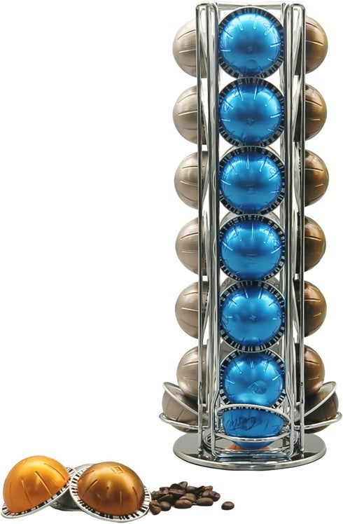 Coffee Capsule Holder for Nespresso Vertuoline, Rotating Pod Rack Holds 28 Nespresso Vertuo Pods (Silver)