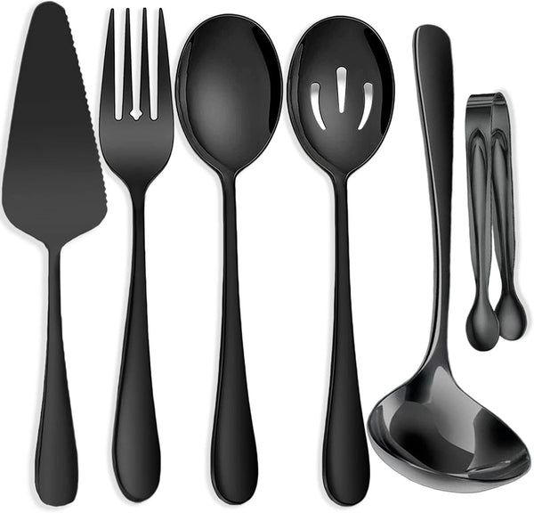6 PCS Stainless Steel Serving Utensils Set, Large Slotted Spoons, Forks, Ice Sugar Tongs, Cake Server, Black for Buffet