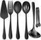 6 PCS Stainless Steel Serving Utensils Set, Large Slotted Spoons, Forks, Ice Sugar Tongs, Cake Server, Black for Buffet