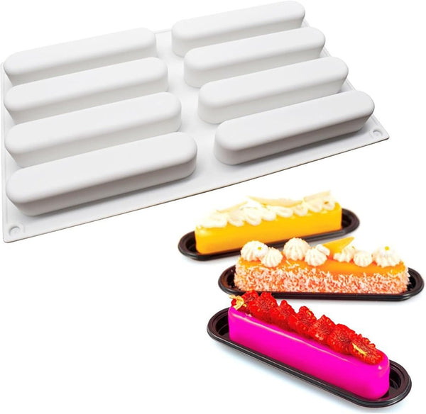 Ellipse Eclair Silicone Mold, 3D Baking Mold for Mousse Cake, 8-Cavity French Dessert Pastry Chocolate Brownie