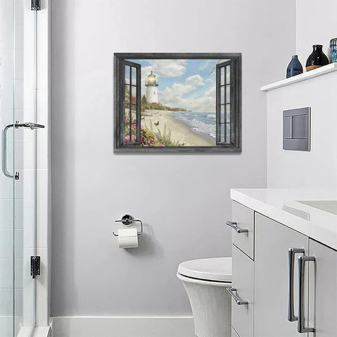 Lighthouse Nautical Wall Art - Coastal Beach Canvas Prints for Home Decor 16"x12"