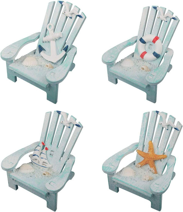 4 Pack Wooden Handmade Mini Chair Ornament, Beach Decor, Nautical Decoration for Bathroom, Bedroom, Home Office Desk