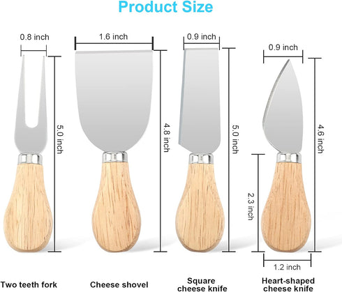 4 PCS Cheese Knife Set with Wood Handle, Stainless Steel Slicer & Cutter Utensils, Mini Knife, Butter Knife, Fork