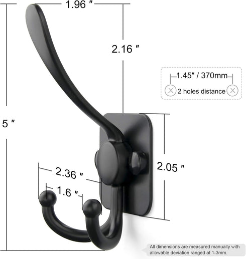 Wall Mount Coat Hooks - Matte Black Heavy Duty Decorative Hooks, 3 Prongs Utility Hook, 6 Pack for Home Organization