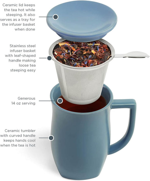 14 oz Tea Forte Ceramic Fiore Cup with Handle, Removeable Stainless Steel Infuser Basket and Lid, Steeps Loose Leaf