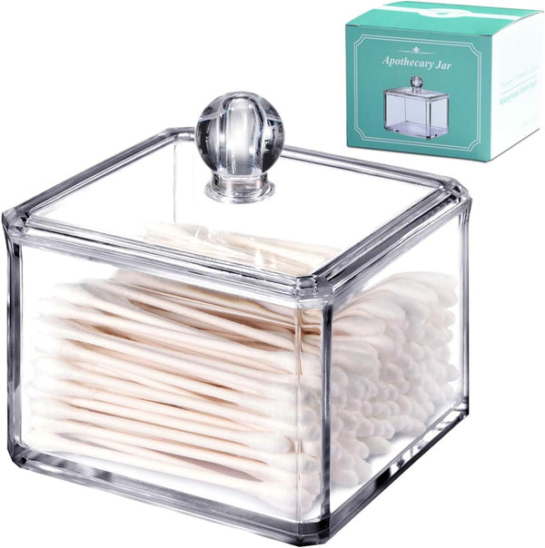 Modern Square Acrylic Qtip Holder | Bathroom Vanity Countertop Storage Organizer for Cotton Swabs and Makeup Sponges