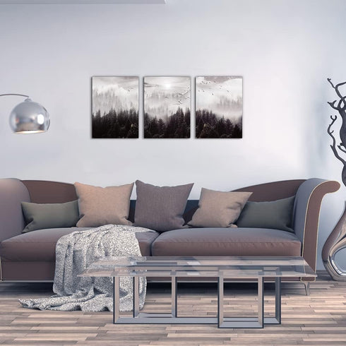 Framed Canvas Wall Art for Living Room, Boho Wall Decor, Foggy Forest Trees Paintings, 3 Pieces Scenery Wall Pictures