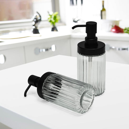 Ribbed Hand Glass Soap Dispenser Set of 2, Wide-Mouthed Glass Soap Bottles with Matte Black Pump for Bathroom & Kitchen