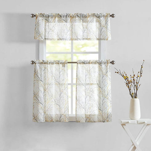 FMFUNCTEX Window Valance Curtains, Yellow Grey Tree Branch Print on Semi Sheer White, 50 x 15 Inches