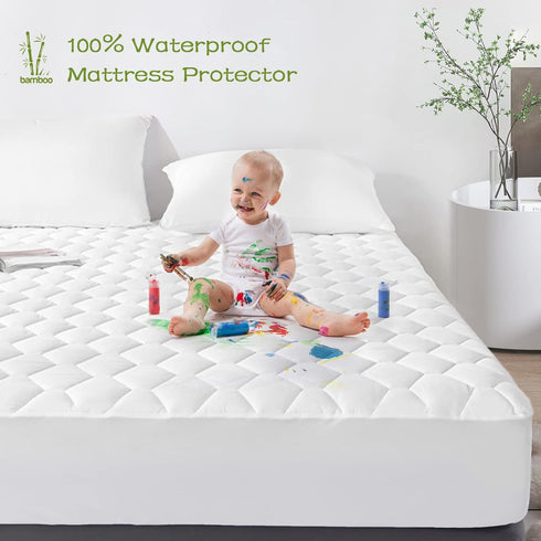 21" GRT Queen Mattress Protector Waterproof, Rayon from Bamboo, Cooling Quilted Fitted Mattress Pad, Noiseless