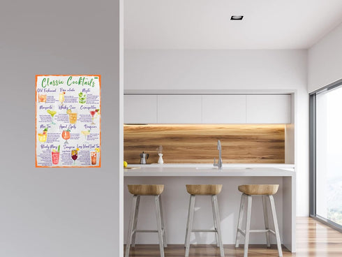 Classic Cocktails Recipes Magnetic Chart A4 Format - Kitchen Pub Wall and Fridge Decor