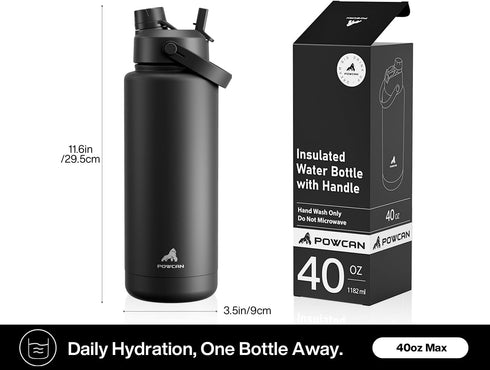40 oz 2-in-1 24H, POWCAN Insulated Water Bottle with Straw and Spout Lid, Keep Cold Leak-Proof, BPA-Free, Double Wall
