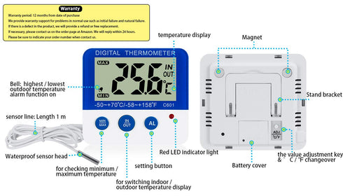 Fridge Freezer Thermometer Max/Min Memory LXSZRPH High & Low Temperature Alarms Settings with LED Indicator Digital Refrigeration Thermometer with Magnetic,Stander 2 Pack