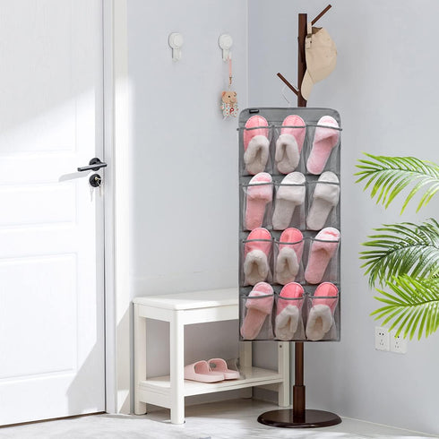 Dual Sided Hanging Shoe Organizer for Closet | Rotating Hanger with 24 Large Pockets (Grey-Mesh Pockets)