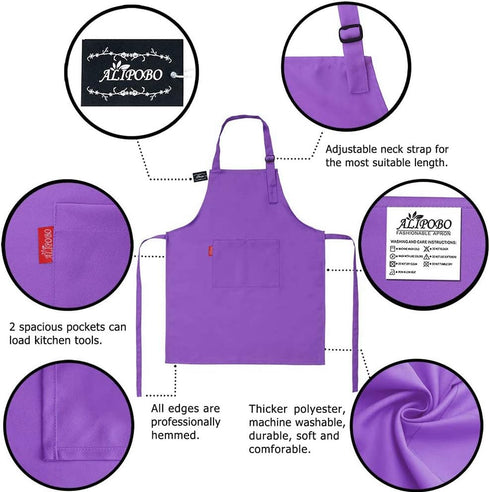 Kids Apron and Chef Hat Set, Children's Adjustable Bib Apron with 2 Pockets. Cute Boys Girls Kitchen Apron for Cooking, Baking, Painting, Training Wear (6-12 Year, Purple)