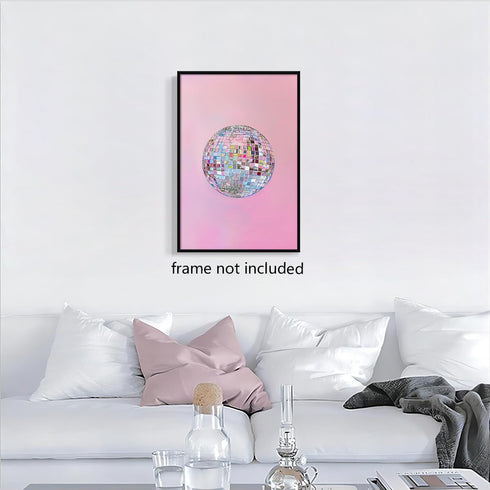 xbsifyiooa 16x24in Silver Disco Ball Canvas Wall Art, Bright Pastel Pink Girly Poster, Trendy Dopamine Mirrorball Wall