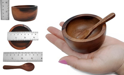 Set of 4 Small Round Acacia Wooden Bowls, 2¾ Inch with Spoons - Stackable Mixing Bowl Set