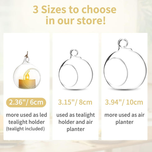 NUPTIO Set of 12 Hanging Glass Globe Candle Holders with LED Tea Lights - 2.36 inch Clear Votive for Party Decoration