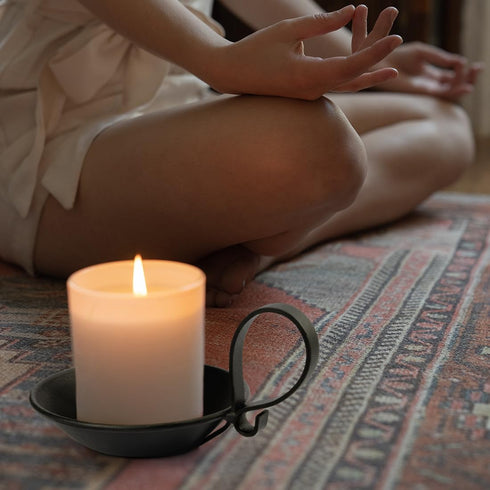 Matte Black Iron Pillar Candle Holder with Handle, Simple Industrial Style Table Centerpiece Decoration