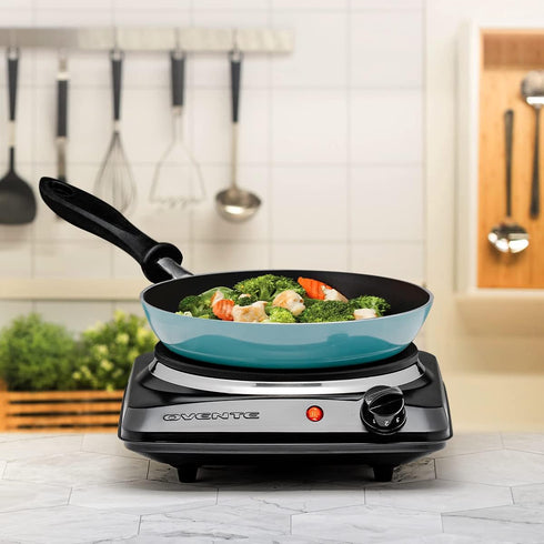 OVENTE Electric Countertop Single Burner, 1000W Cooktop with 7.25 Inch Cast Iron Hot Plate, Compact Cooking Stove,