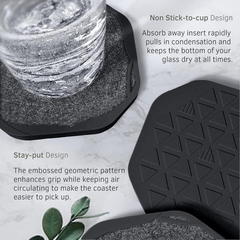 Set 4 UMIRRO Black Coasters for Drinks for Tabletop Protection with Super Absorbent Felt Pad, Cool Cup mats for Wooden