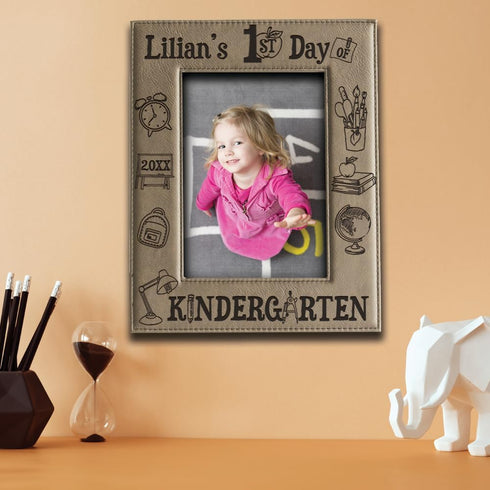 BELLA BUSTA My First Day of Kindergarten Personalized Kids School Keepsake Engraved Leather Picture Frame (5 x 7