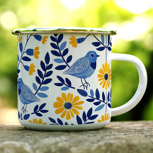Floral Bird Enamel Camping Coffee Mug, Nature Flowers Botanical Gift Cup for Friend Coworker Women Mom (12oz)