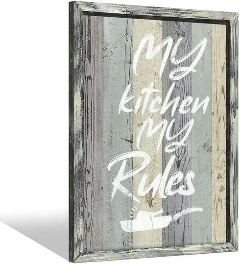 Kitchen Quotes Wooden Wall Art: Rustic Farmhouse Framed Funny My Kitchen My Rules Saying Print for Dining Room Decor