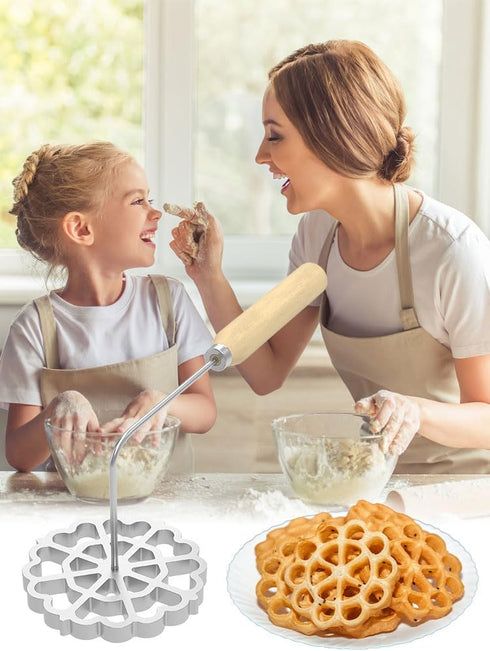 Bunuelos Mold, Aluminum Cookie Maker with Wooden Handle, Detachable Rosette Iron Molds Set for Kitchen Baking