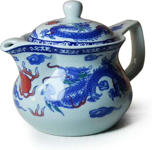 Teapot 15oz Blue White Porcelain China with Stainless Steel Infuser - Dragon and Phoenix (cihu long) - Yxhupot