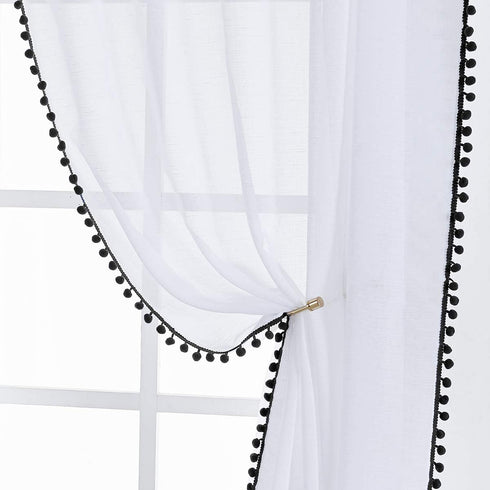 Treatmentex 2 Panels White Sheer Curtains with Black Pompoms, 63" Long Window Draperies for Boy's Room