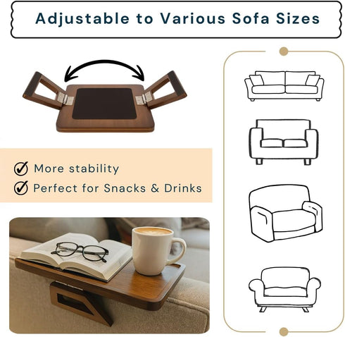 '-13 9.5 Inch Sofa Table Tray - Bamboo Couch Armrest Table Universal Fit - Sofa Table With Non-Slip Pads to Keep Things