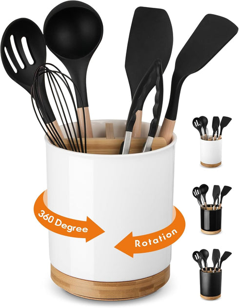 LoeJan 3 Compartment Utensil Holder, 7.2” Extra Large Stable Ceramic Organizer for Kitchen Counter (White Glossy)