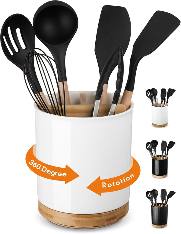 LoeJan 3 Compartment Utensil Holder, 7.2” Extra Large Stable Ceramic Organizer for Kitchen Counter (White Glossy)