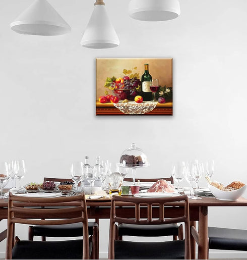 Retro Wine Pictures for Kitchen, PIY Vibrant Fruits Wall Art for Dining Room, Canvas Prints Oil Painting