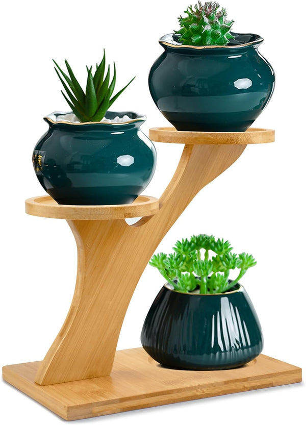 XXXFLOWER 3 Tiers Bamboo Plant Stand, Indoor Succulent Windowsill Shelf - Small Tabletop Plant Holder for Home