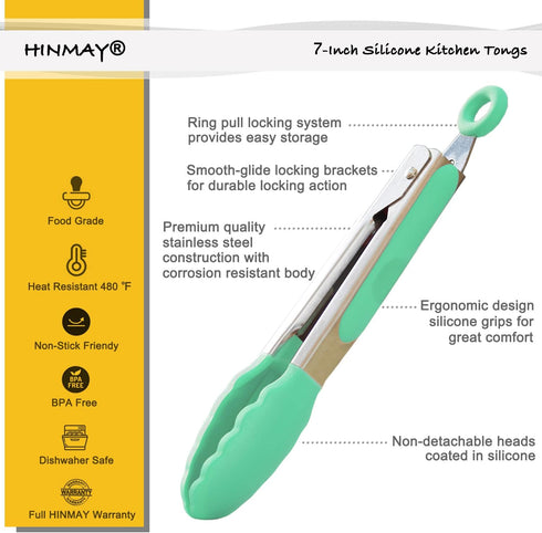 Small Tongs with Silicone Tips, 7-Inch Serving Tongs, Set of 3 (Pink Mint Yellow)