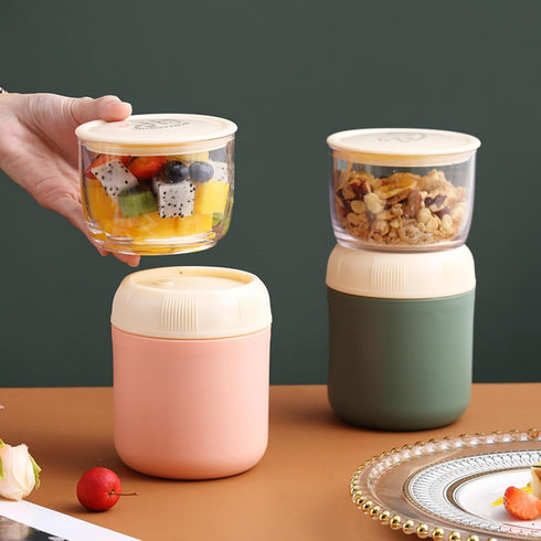 2 Pack 24oz 2-in-1 Eorbow Insulated Yogurt Container, Breakfast On the Go Cup with Plastic Topping Cereal Oatmeal Cup