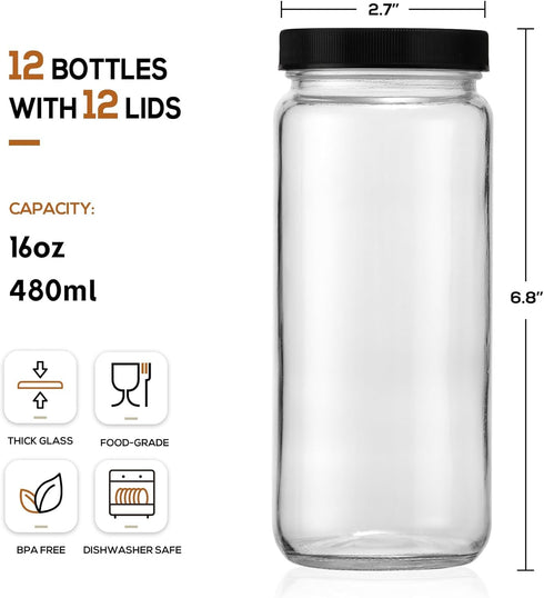 12 PACK, 16 OZ 2 Glass Juice Bottles with Airtight Lids, Bonus Straws & Perforated Lids, Reusable Juicer, Juicing