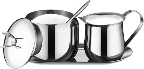 Stainless Steel Creamer and Sugar Bowl Set, Latte Milk Cup Cream Jug with Lid and Spoon Tray for Coffee Serving