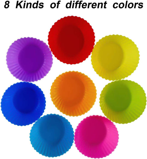 24 Pack Silicone Baking Cups - Reusable Muffin Liners, Non-Stick Cup Cake Molds Set in Standard Size, 8 Rainbow Colors