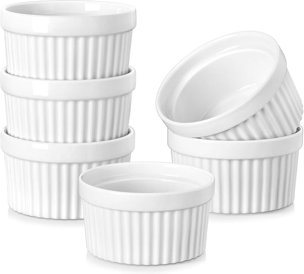 MALACASA Ramekins, 4 oz Oven Safe Porcelain Creme Brulee Cups, Set of 6 White Baking Bowls