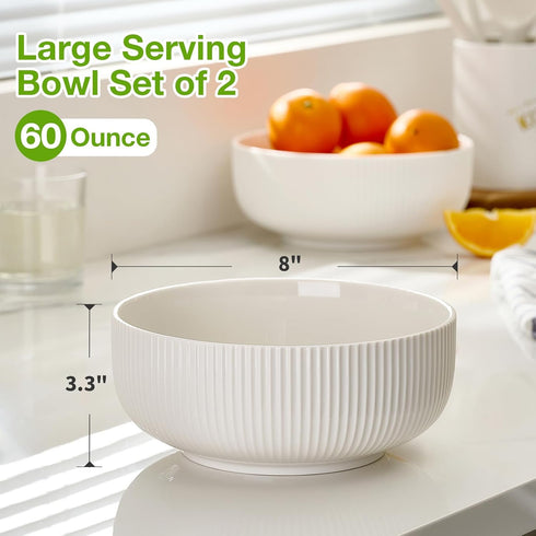 Mfacoy 2 Pack 8 inch Salad Bowl Set, 60 oz Large White Ceramic Bowls for Soup, Cereal, Ramen, Salad