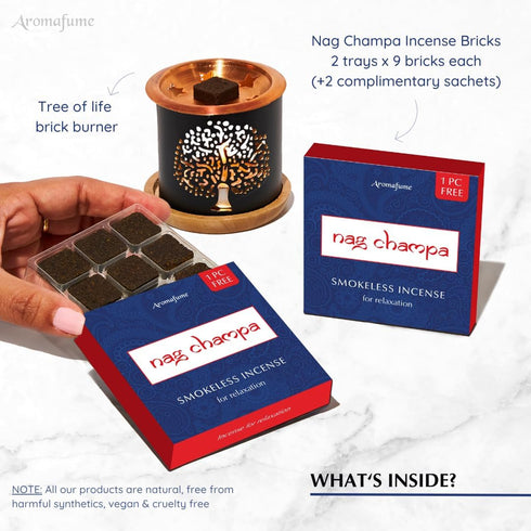 Nag Champa Incense Bricks (2 x 9 Bricks) & Tree of Life Incense Burner by Aromafume - Natural, Smokeless, Non Toxic