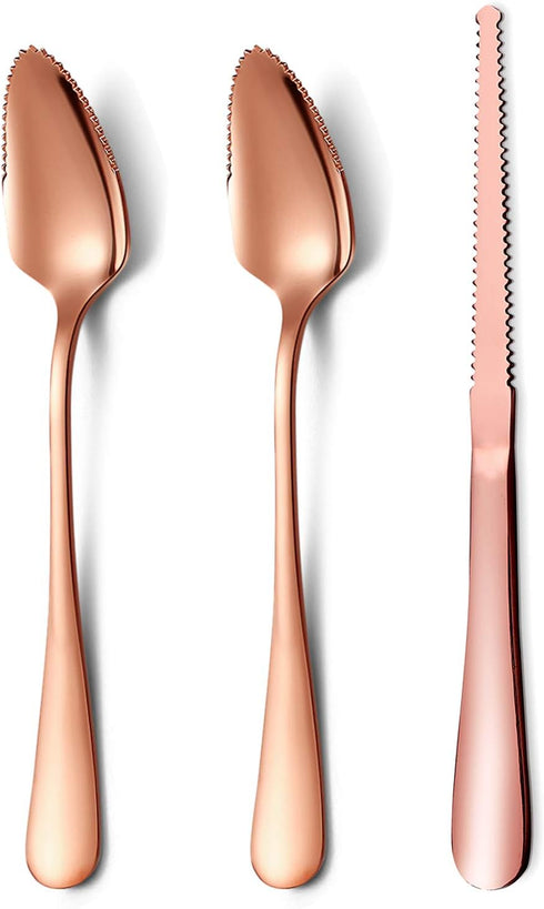 HOMQUEN Rose Gold Grapefruit Spoons Set, 3 Pieces, 2 Stainless Steel Spoons and 1 Knife with Titanium Plating