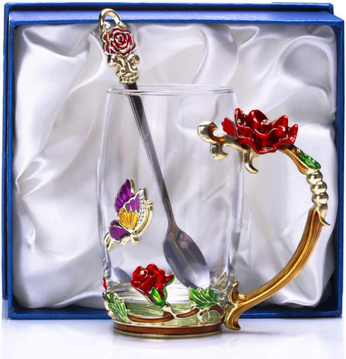 Kaiyuan Dynasty Tea Cup Set - 12oz Glass Coffee Mugs with Enamel Rose Flower Butterfly and Spoon for Birthday Wedding