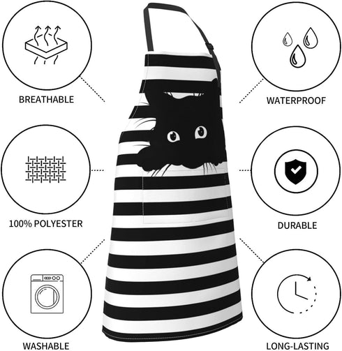 Funny Black Cat Waterproof Apron with 2 Pockets - Kitchen Chef Aprons Bibs for Cooking, Baking, Painting, Gardening