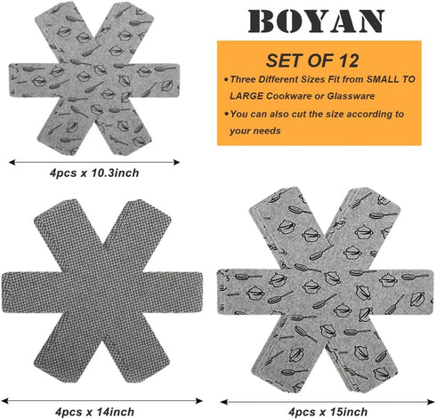 BOYAN Pot and Pan Protectors, Set of 12, 3 Different Sizes, Cookware Divider Pads, Anti-Slip