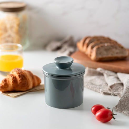 Dark Gray Butter Crock with Water Line, French Butter Dish with Lid for Fresh Spreadable Butter on Countertop