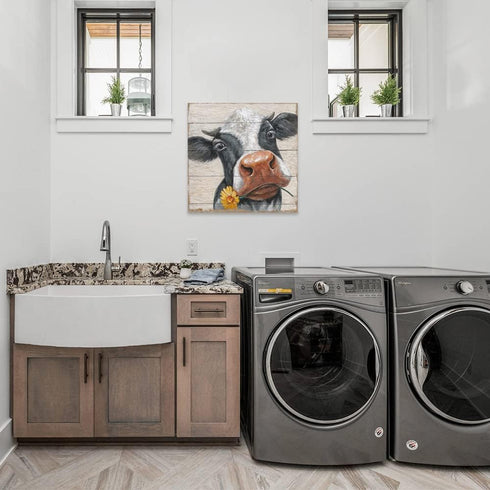 24"x24" Rustic Cow Pictures Wall Decor: Farmhouse Cow Canvas Wall Art Farm Animal Cow with Sunflower on Wood Panel